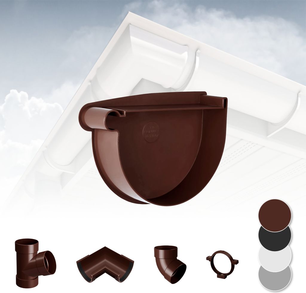 RAINWAY L Regenrinnen System (Rinnenendstück links braun) - PVC-U Kunststoff in 4 Farben, für Dachflächen > 100m² empfohlen, Endstück Endkappe