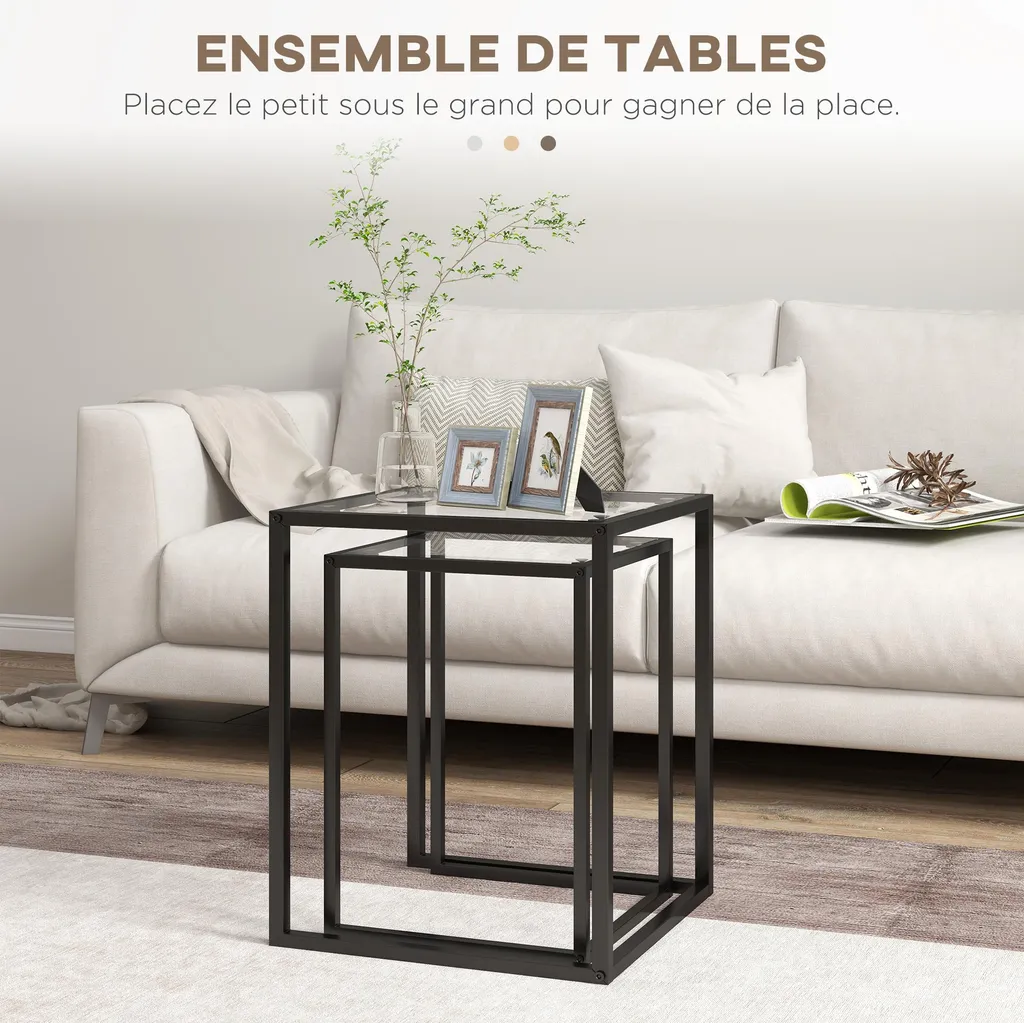 Table d'Appoint Salon Stable avec Patins Antidérapants : Set de 2 Noires - 3