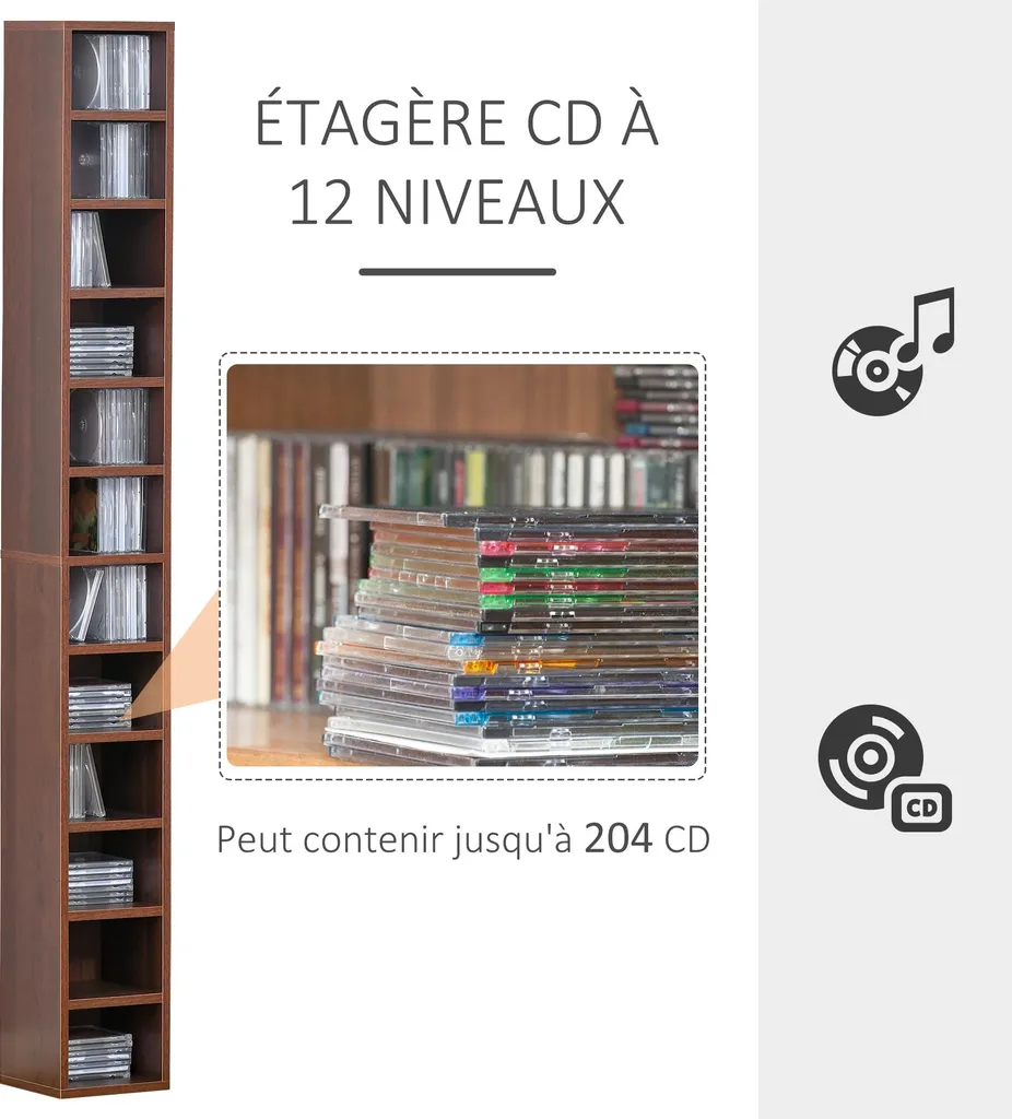Colonne rangement 12 compartiments pour 204 CD - Meuble slim 21x20x175cm - 6