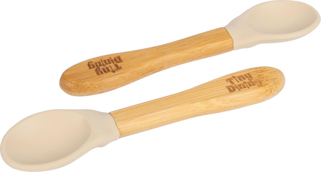 2x Beige 14cm Kinder Bambus Löffel mit Silikonspitze - Babyfütterung Besteck - Kind & Kleinkind Entwöhnung Geschirr - Umweltfreundlich - Von Tin...