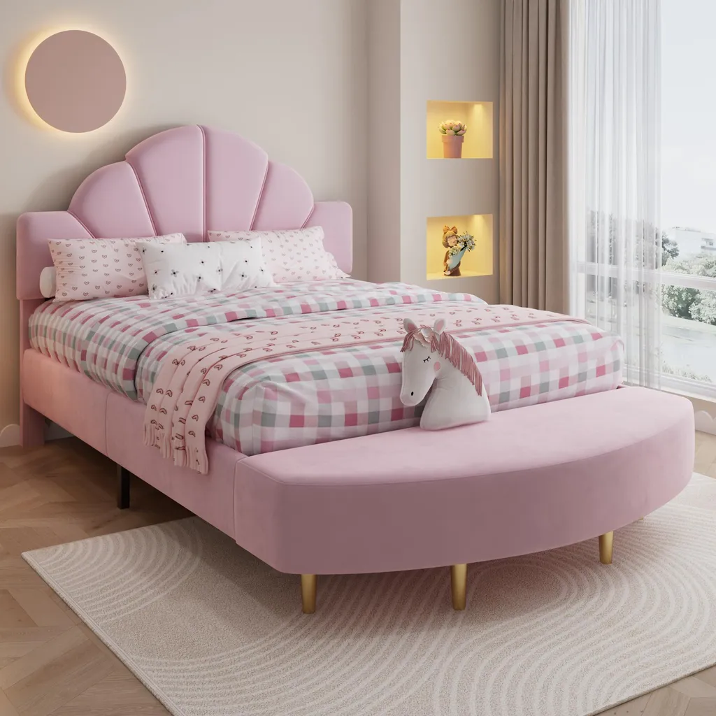 Lit en bois stable 140x200 velours rose avec bords anti-collision