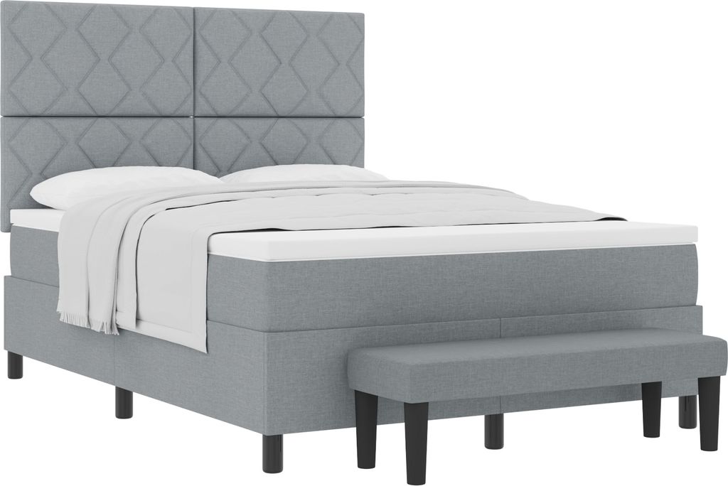 Möbel Bettrahmen, Boxspringbett mit Matratze & Bank Hellgrau 160 x 200 cm Stoff - Klassische Betten Neu31658