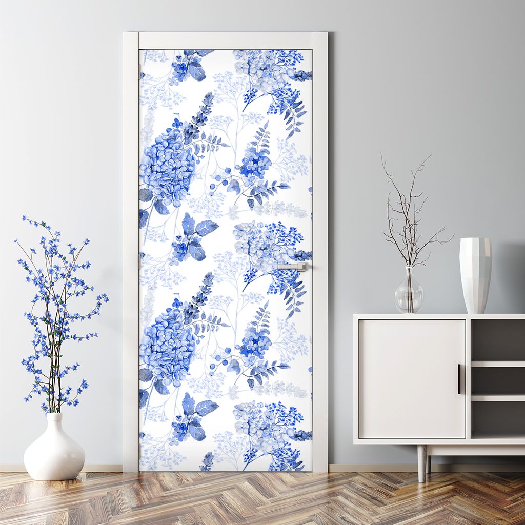 Dekorative Abnehmbarer Wandsticker Türtapete selbstklebend Klebefolie Blau Hortensien 85 x 200 cm