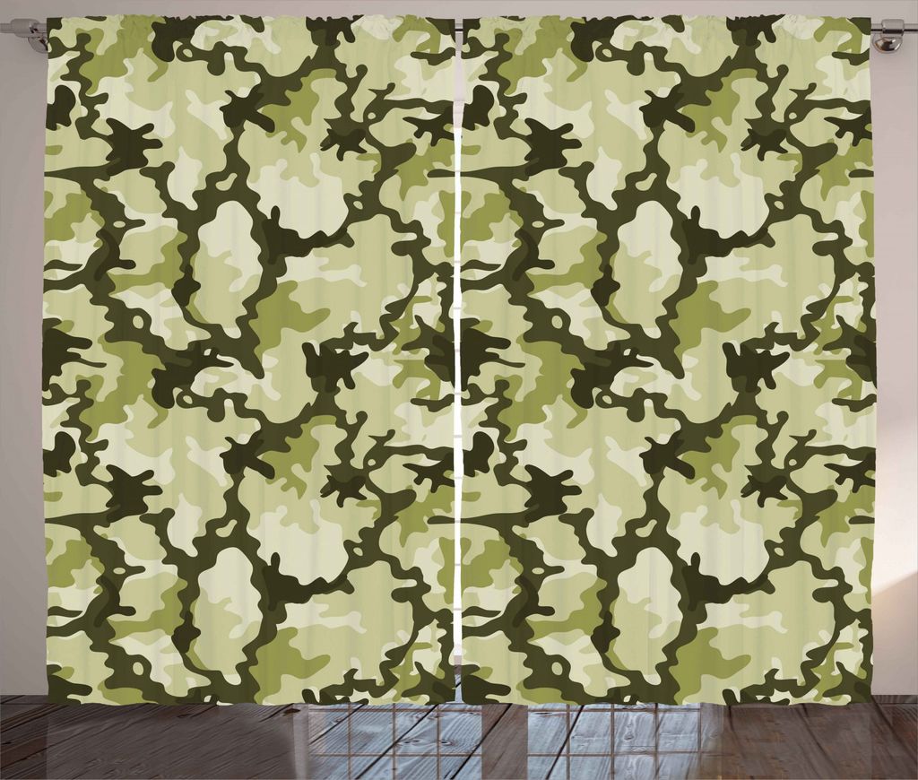ABAKUHAUS Grün Rustikaler Vorhang, Jungle Camouflage-Design, Wohnzimmer Universalband Gardinen mit Schlaufen und Haken, 280 x 245 cm, Hellgrün Du...