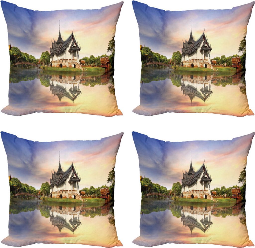 ABAKUHAUS asiatisch Kissenbezug Set (4 Stück), Mittelalterliche Gebäude Haus, Moderner Doppelseitiger Digitaldruck, 45 cm x 45 cm, Mehrfarbig