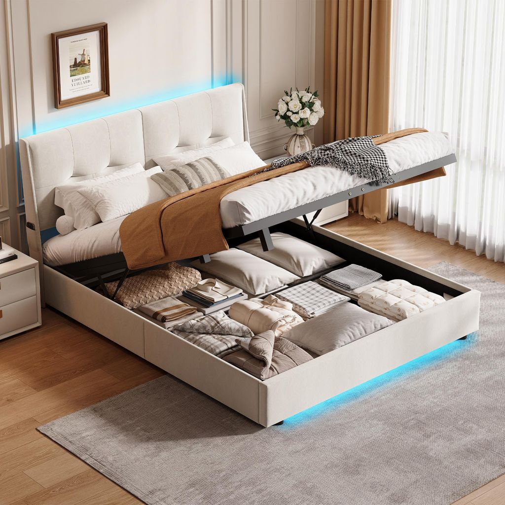 lit double 160x200 avec sommier coffre et éclairage LED,lit Image du produit 
