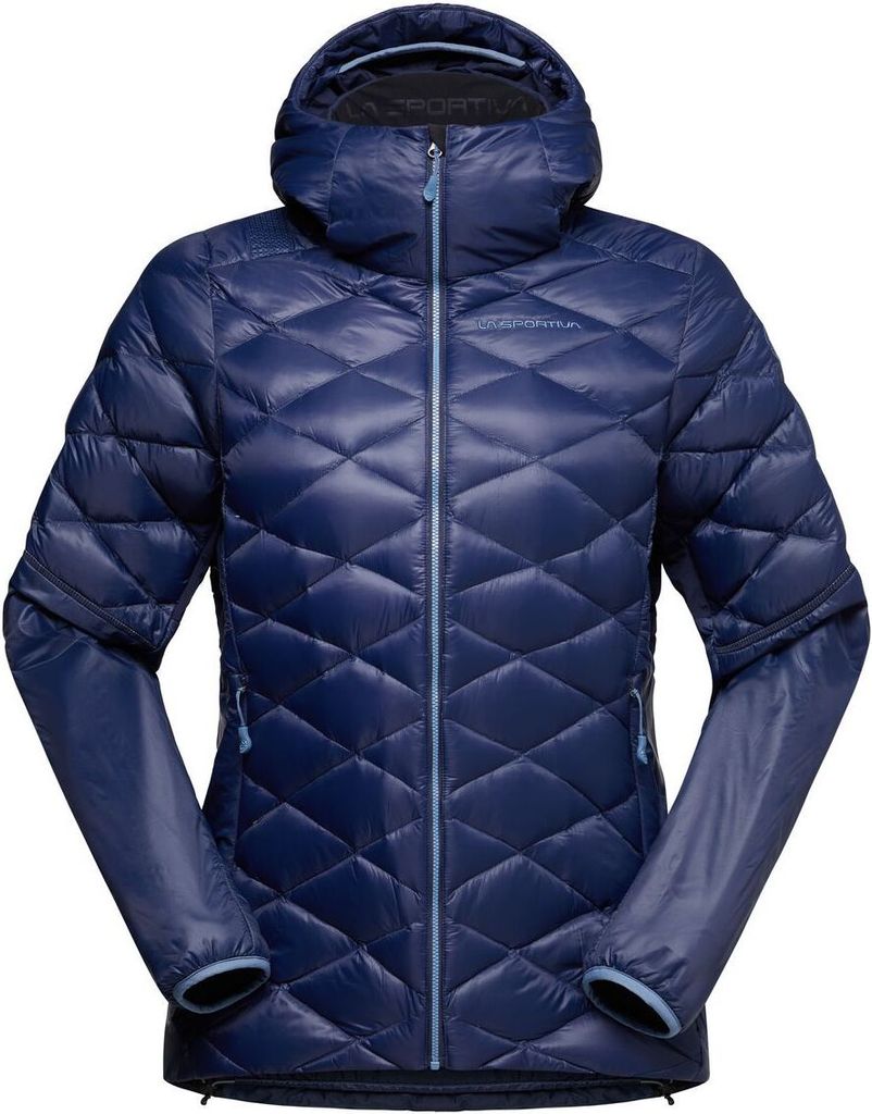Dunkelblaue Isolationsjacke für Damen von La Sportiva; mit Kapuze und gestepptem Design.