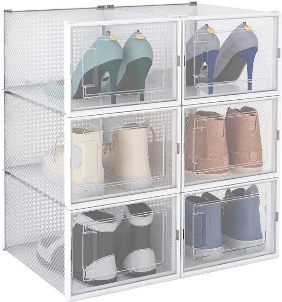Großschuh-Schuhsammlung aus 6 transparenten, lüftenden Stapelschränken