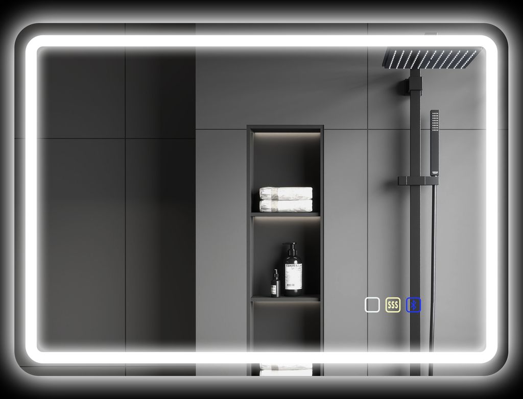A modern bathroom mirror with integrated LED lighting, featuring a shower head and a recessed shelf with towels and toiletries.