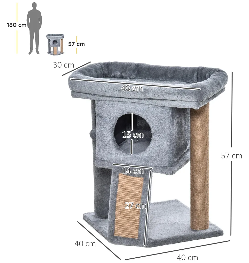 Petit arbre à chat design avec plateforme d'observation et niche grise