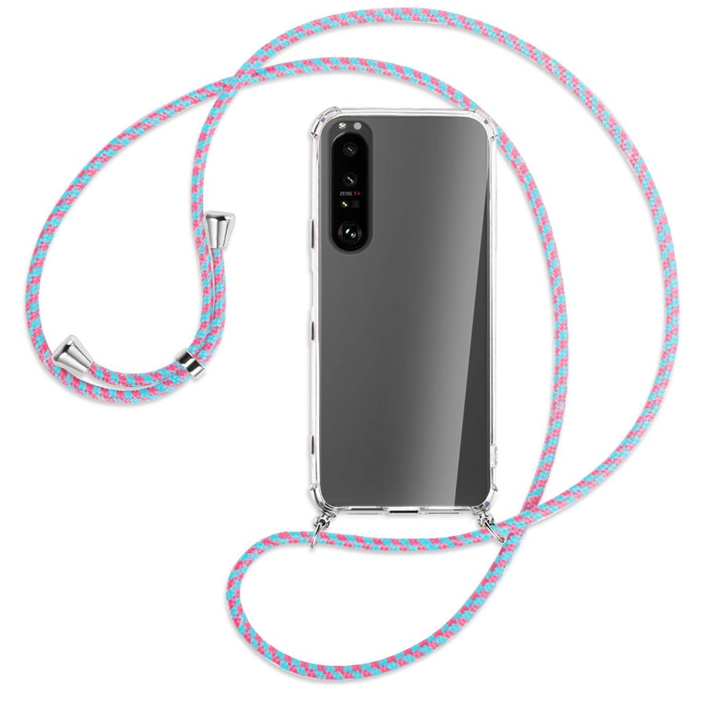 Handykette Backcover-Schutzhülle mit Band (Metall silberfarben) für Sony Xperia 1 III - pink/mint