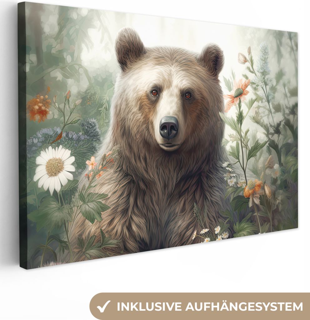 OneMillionCanvasses - Leinwandbilder - 140x90 cm, Braunbär - Wildtiere - Blumen - Pflanzen, Wandbilder Kunstdruck Wanddekoration - Foto auf Lein...
