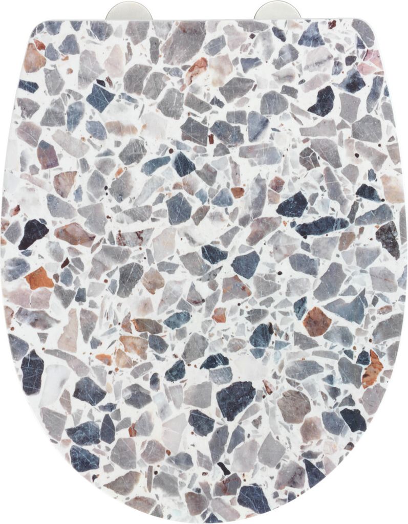 A top-down view of a toilet seat with a terrazzo pattern.