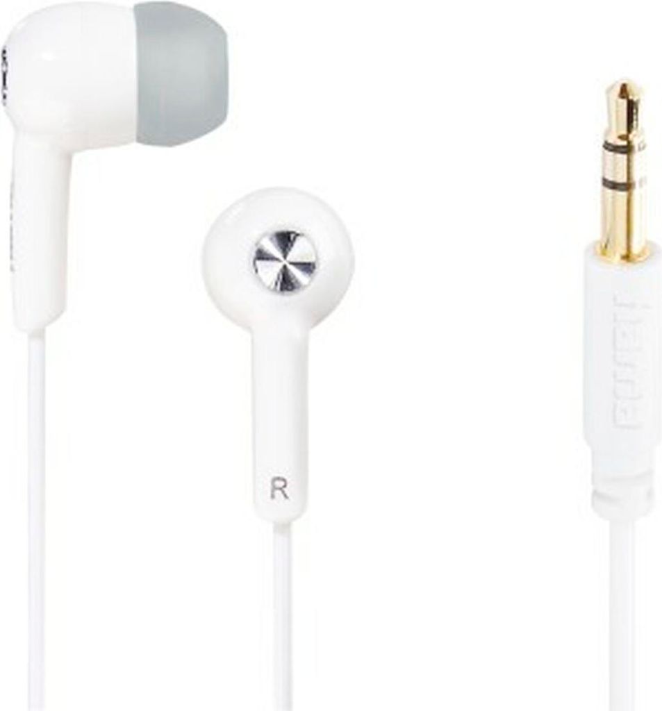 A white in-ear headphone set with a gray ear tip and a silver accent on the right earbud, along with its audio jack.
