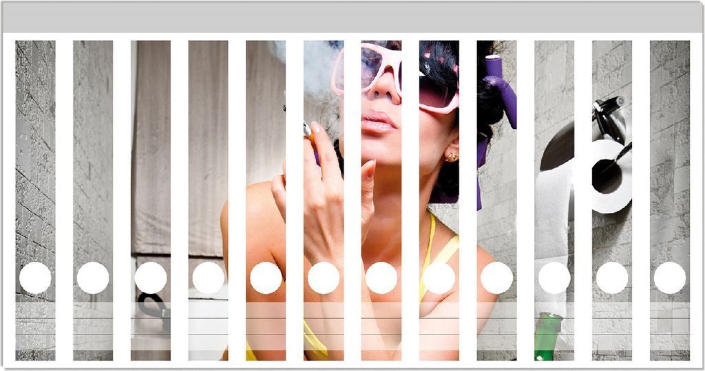 Wallario Ordnerrücken Sticker, selbstklebend für schmale Ordner, 12 Stück, Motiv Kloparty - Sexy Frau auf Toilette Zigarette & Schnapsflasche - ...