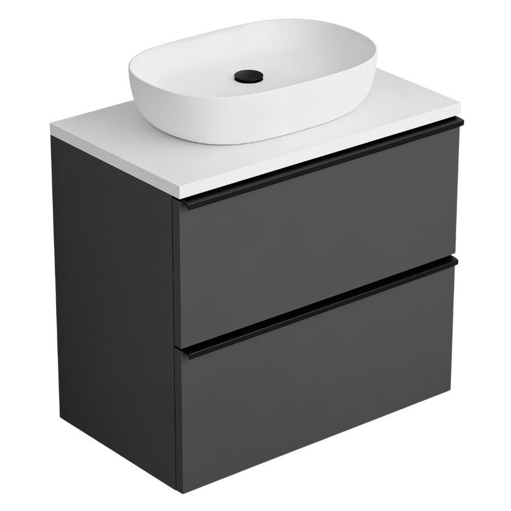 Waschbeckenunterschrank ONE mit Abdeckplatte 2 große Schubladen Anthrazit Weiß Hochglanz 60x50x46 hängend schwarze Griffe Badezimmermöbel