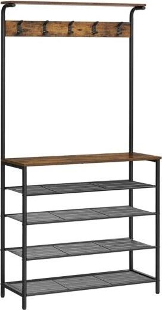 Hoppa! | Garderobenständer | 5 Doppelhaken | 5-Ebenen Schuhregal | Vintage Braun-Schwarz | 80 x 31,5 x 174 cm (B x D x H)