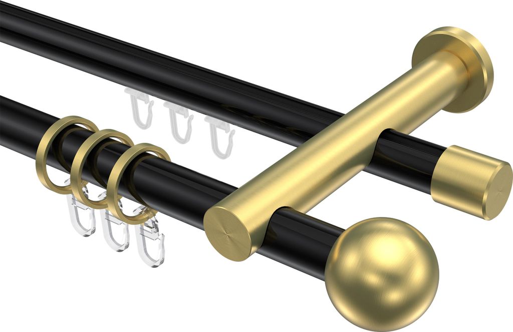 Interdeco Rundrohr-Innenlaufstange / Gardinenstange (Kombination) Schwarz / Messing-Optik, Typ Platon Luino (Kugel), 20 mm Ø 2-läufig, 480 cm
