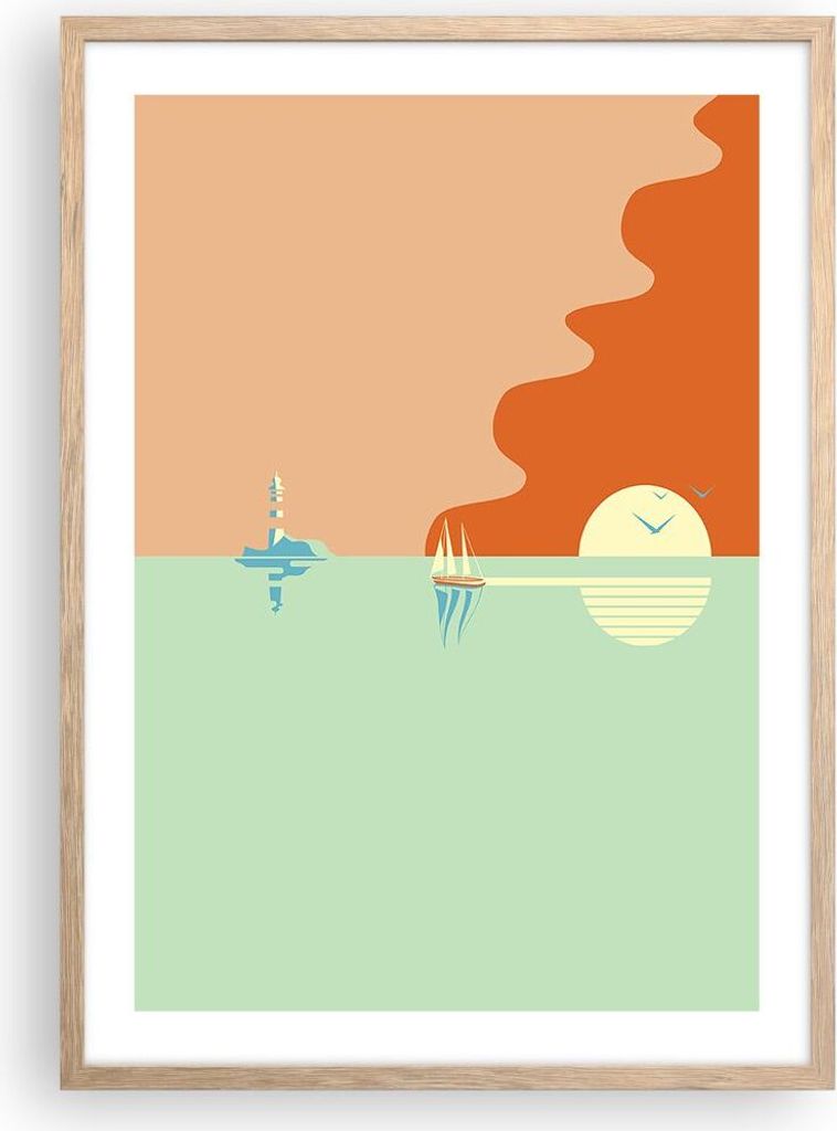 Gerahmtes Poster - Rahmen in heller Eiche - Sonne Segelschiff Laterne - 50x70 cm - Wand Bild - Wanddeko - Wandbilder - Kunstposter - Wandposter - B...
