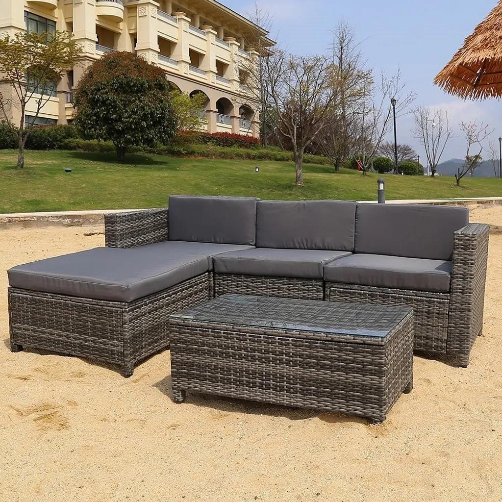 Ensemble Canapé de Jardin Lounge en Polyrotin Gris avec Table Basse - 3