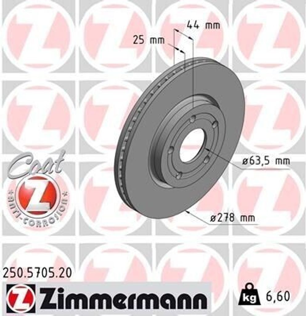 2x ZIMMERMANN Bremsscheibe 250.5705.20 für FORD Puma SUV 44mm 6 6kg 278mm