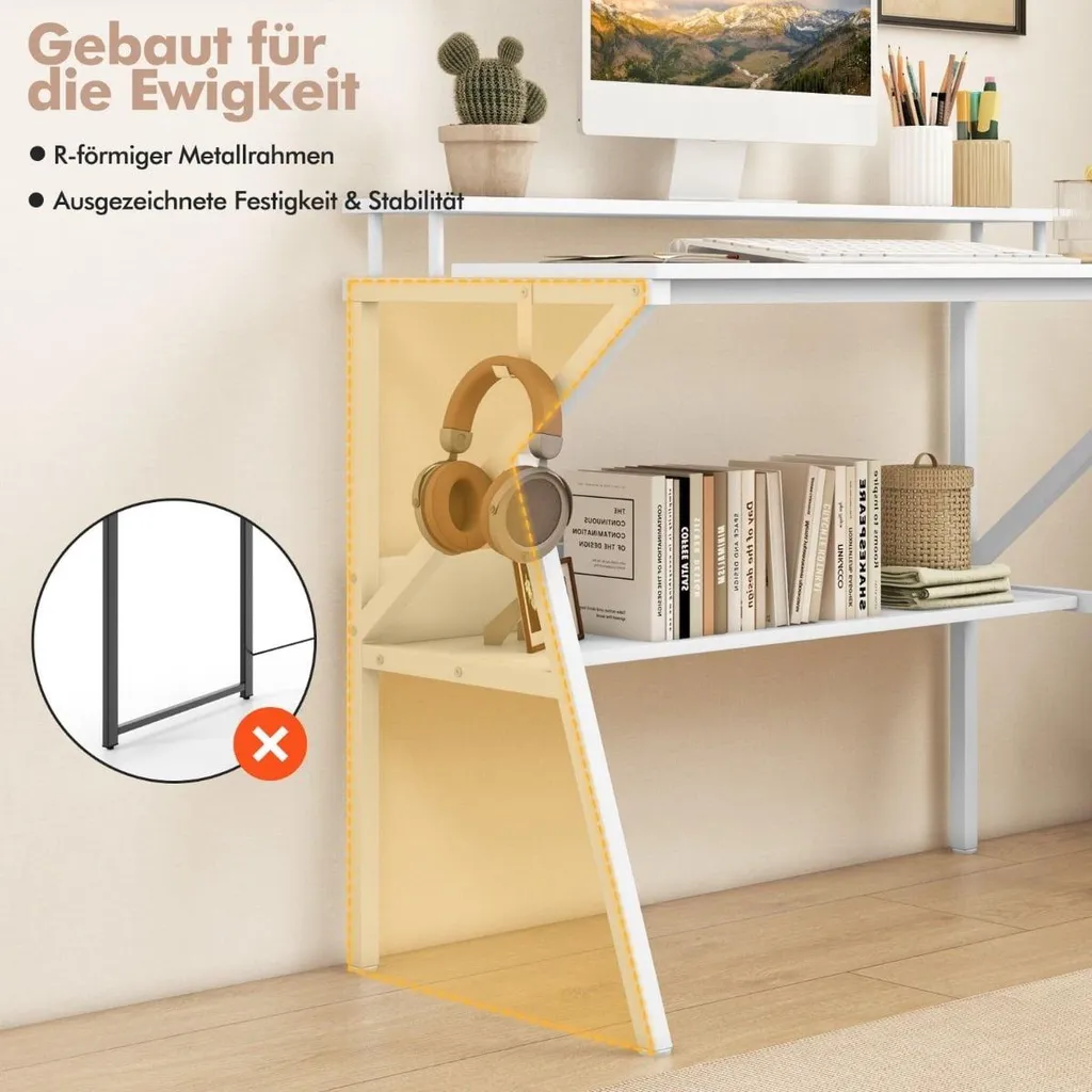 Bureau blanc ergonomique 100 cm avec étagère et support moniteur fixe - 5