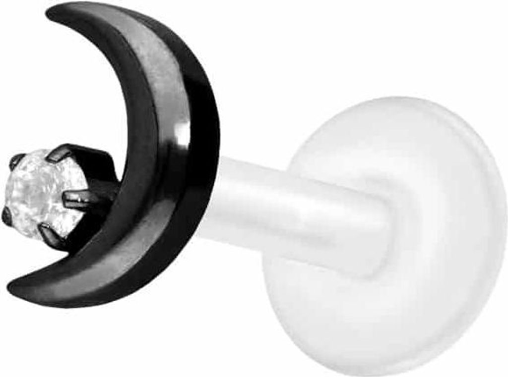 Ohrpiercing, Nasenpiercing PTFE Labret mit Innengewinde + Titan-Aufsatz MOND + KRISTALL Schwarz Stablänge: 6mm | Stabstärke: 1,2mm
