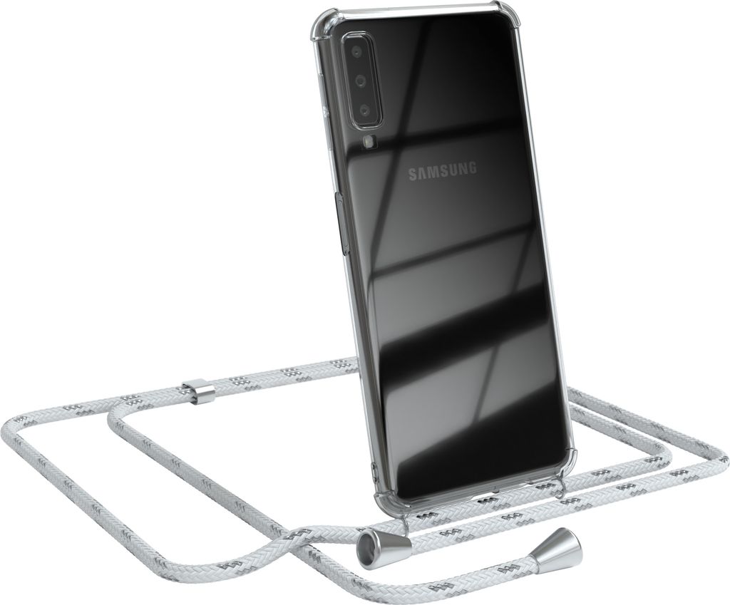 EAZY CASE Handykette kompatibel mit Samsung Galaxy A7 2018, Handyhülle mit Umhängeband, Handykordel, Schutzhülle Clear, Band in Weiß