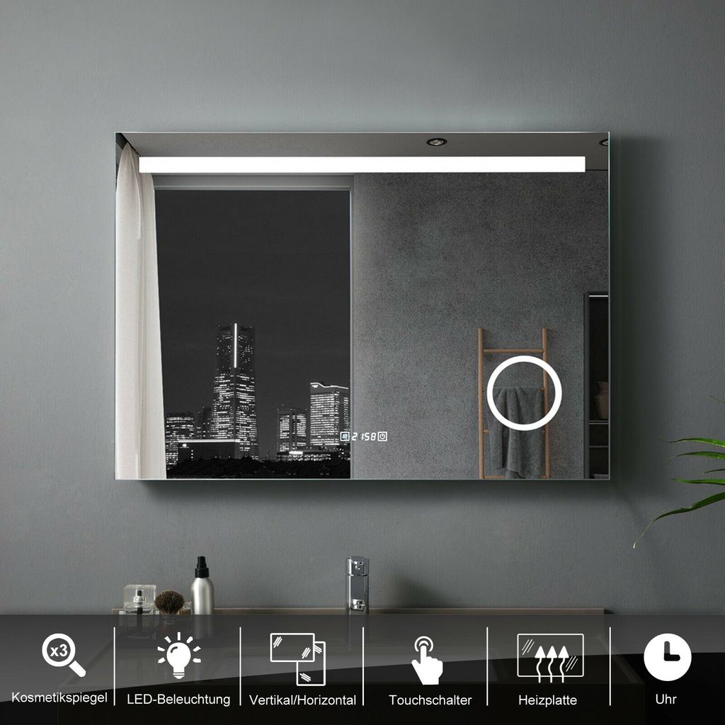 Badspiegel 100 x 70 cm mit Beleuchtung LED Rechteckig Wandspiegel  Antibeschlage Lichtspiegel mit Touchschalter IP44 3 Lichtfarben Dimmbar