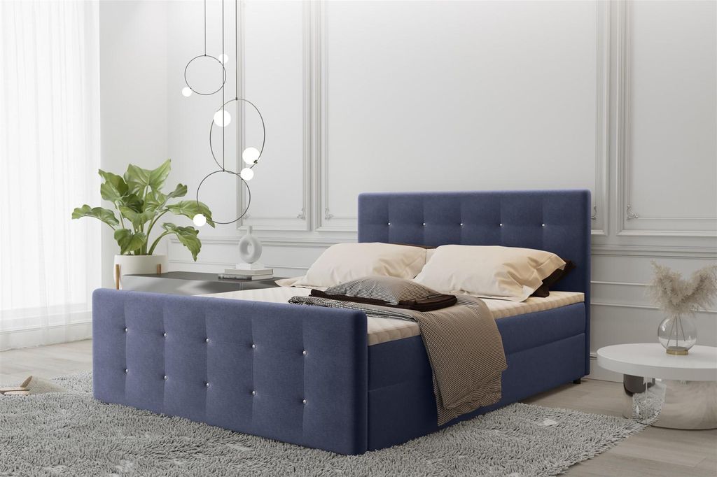 Boxspringbett Schlafzimmerbett MAURO 140x200cm Stoff Soro Blau inkl.Bettkasten