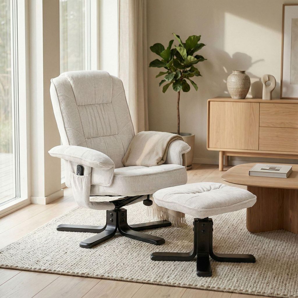 Relaxsessel CHARLY mit Hocker weiß - TV Sessel mit verstellbarer Rückenlehne, Wohnzimmersessel mit Seitenfach und Beinablage, Loungesessel aus Ko...