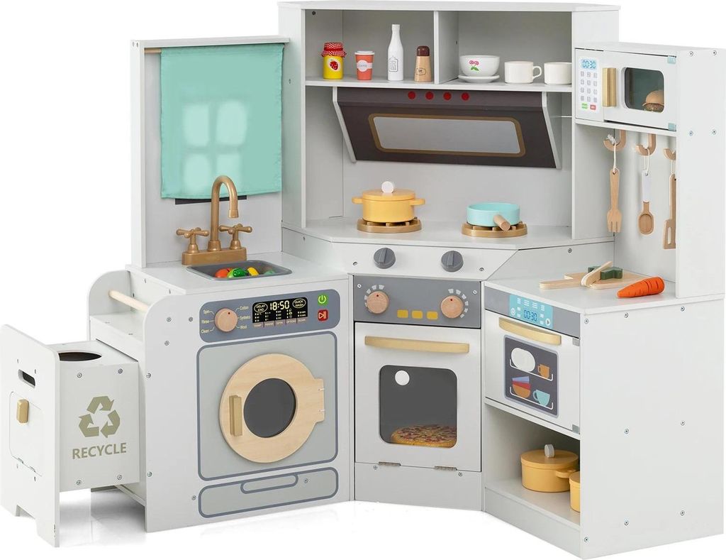 Kinderküche - Eck-Spielküche - Mit Licht & Sound - Holz - Ausziehbarer Mülleimer - Kochzubehör - AAA-Batterie - Alter 3–6 Jahre - Grau
