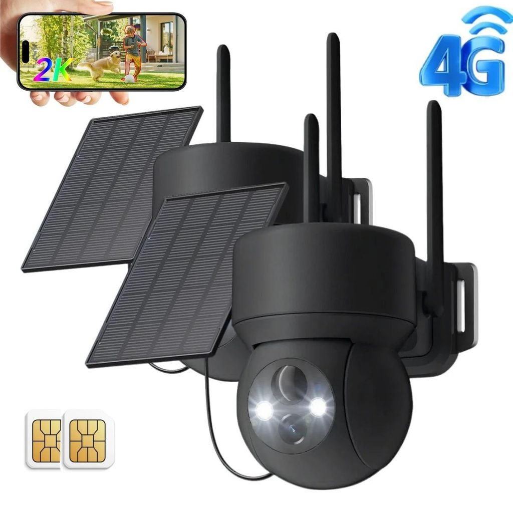 4G LTE Überwachungskamera Aussen Solar Akku 2K Kamera mit SIM Karte Kabellos IP Kamera Outdoor Ohne WLAN 355°/90° Schwenkbar mit PIR Erkennung 2PC