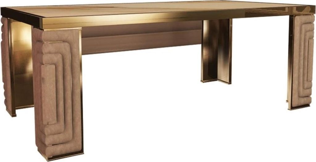 Casa Padrino Luxus Esstisch Gold / Taupe / Weiß 200 x 110 x H. 78 cm - Moderner Esszimmertisch mit Estremoz Marmorplatte - Hotel Möbel - Luxus Qu...