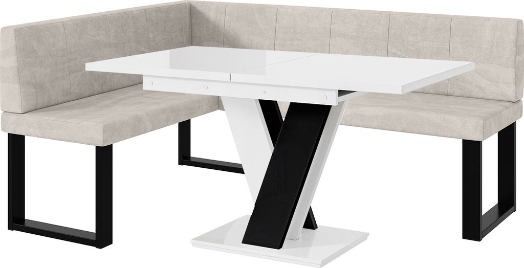 MEBLINI Eckbank für Esszimmer mit ausziehbarem Tisch - Küchenbank - Essecke - Sitzecke Küche - PETER - U-Beine 128x168x87cm Links - Beige Samt/M...