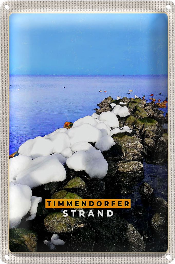 Blechschild Reise 18x12cm Timmendorfer Strand Steine Schnee Meer