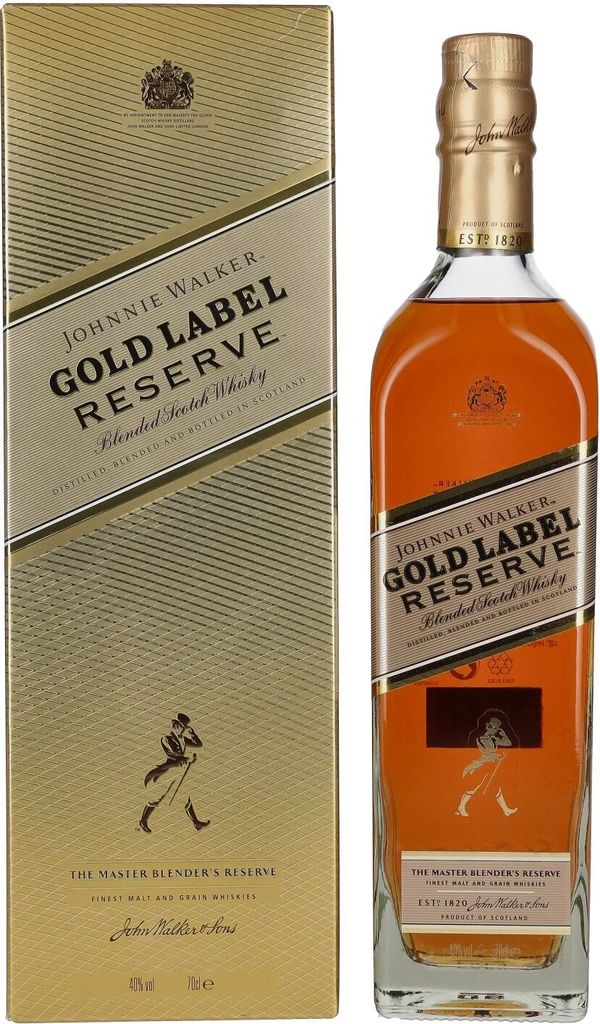 A bottle of Johnnie Walker Gold Label Reserve Blended Scotch Whisky and its packaging are displayed side-by-side against a white background.