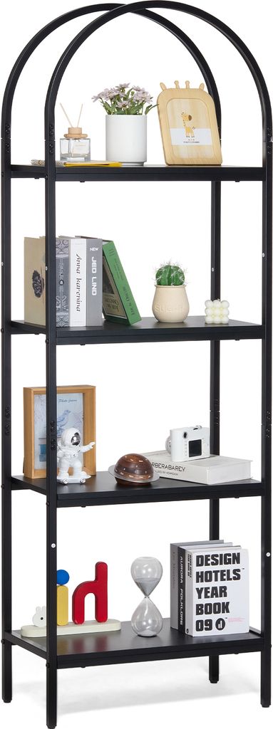 A black, four-tier metal bookshelf with various decorative items on each shelf.