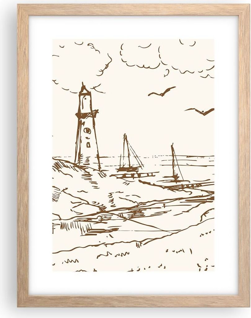 Gerahmtes Poster - Rahmen in heller Eiche - Skizze Küste Laterne - 30x40 cm - Wand Bild - Wanddeko - Wandbilder - Kunstposter - Wandposter - Bilde...