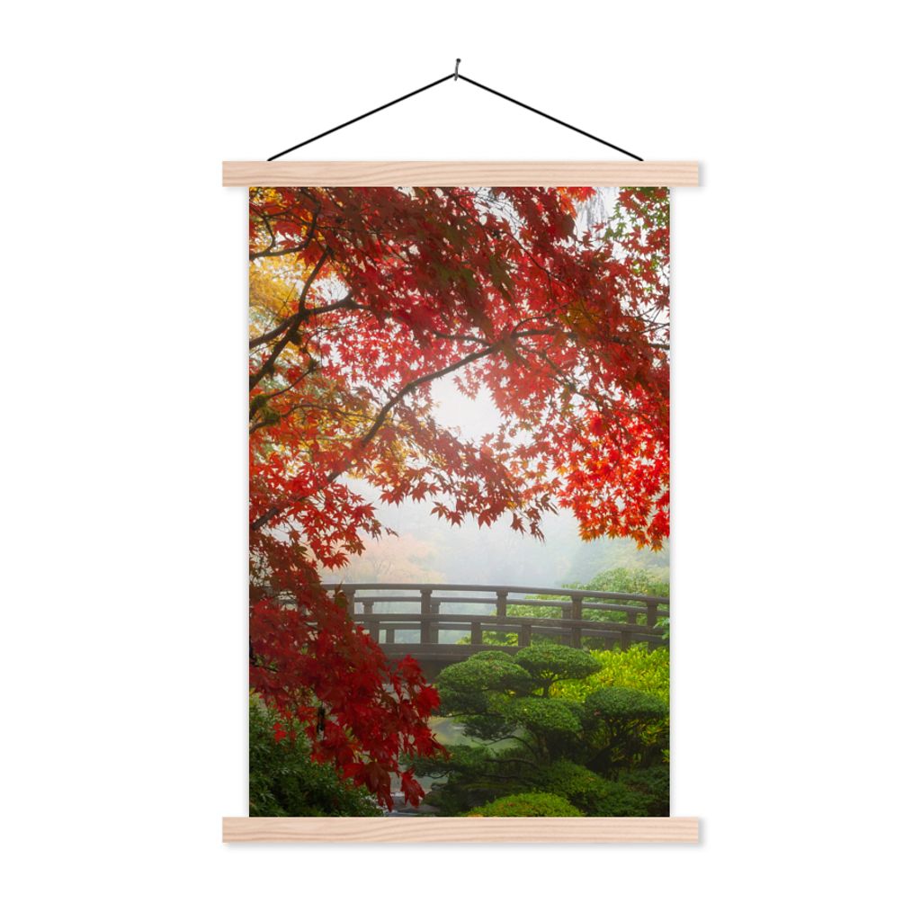 MuchoWow Textilposter Japanischer Ahorn - Bäume - Brücke - Natur - Japanisch 60x90 cm mit holzfarbenen Rahmen - Textil