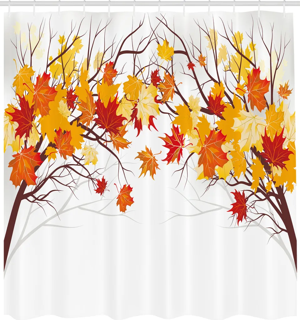 ABAKUHAUS Tenda da doccia, immagine di foglie di acero canadese in autunno con morbidi effetti riflettenti, tessuto Set decorativo per bagno con ganci, 175x220 cm, arancione e bianco
