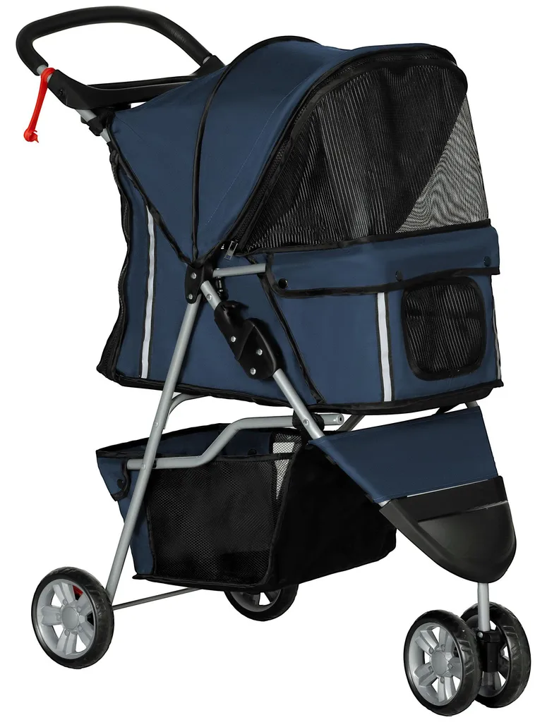 Poussette chien pliable en Oxford 600D et acier avec porte-gobelet bleu