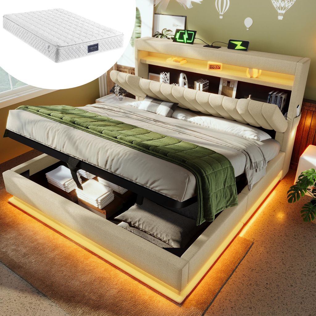 160x200cm Polsterbett Doppelbett, Stauraum-Kopfteil mit USB- und Typ-C-Anschlüssen, LED-Beleuchtung am Kopf- und Fußende des Bettes, mit Hydrauli...