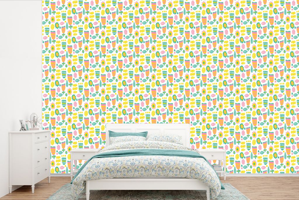 MuchoWow Fototapete für Wohnzimmer oder Schlafzimmer Wandtapete Vinyl Motivtapete Skandinavisch - Blumen - Frühling - Muster - 330x220 cm - Fot...