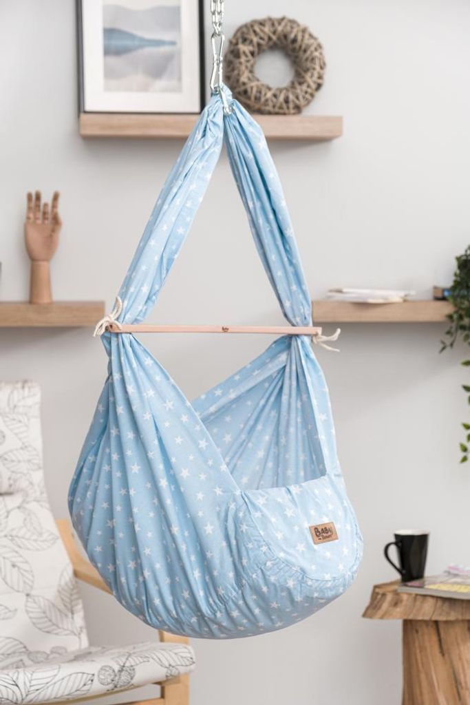 Traum BABYFEDERWIEGE 0 - 21/2 Jahre | waschbare HÄNGEMATTE weiße Sterne auf blau