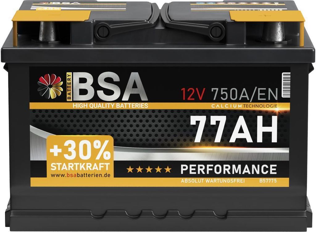BSA Autobatterie 77Ah 12V Batterie 750AEN +30% Startleistung ersetzt 68AH 70AH 72AH 74AH 75AH 80AH