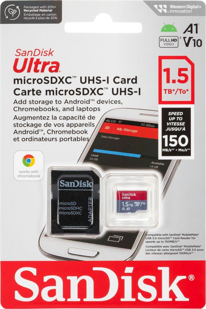 SanDisk Ultra microSDXC A1 1,5TB 150MB/s Adapter. Productafbeelding 