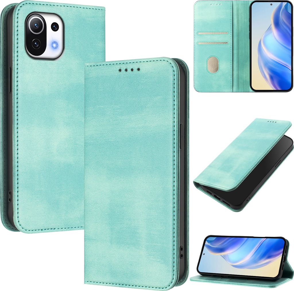 Handyhülle für Xiaomi Mi 11 Lite/Mi 11 Lite 5G Ne, Vintage Leder RFID Schutz Kartenfach Standfunktion Magnetische Klapphülle Türkis
