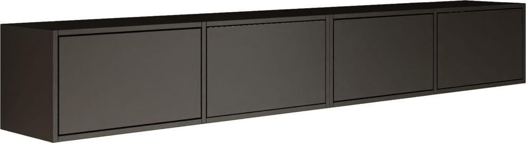 A long, dark, wall-mounted TV cabinet with four doors is shown against a white background.