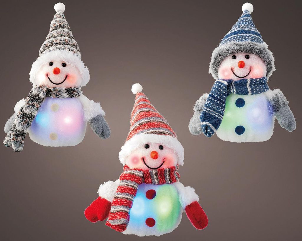 Schneemänner 3er-Set mit LED-Lichtern in wechselnden Farben - 15 cm